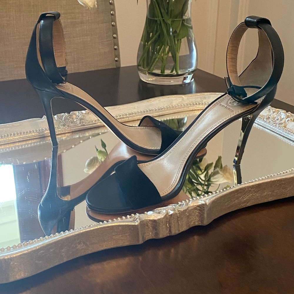 Tory Burch black leather strap heels
